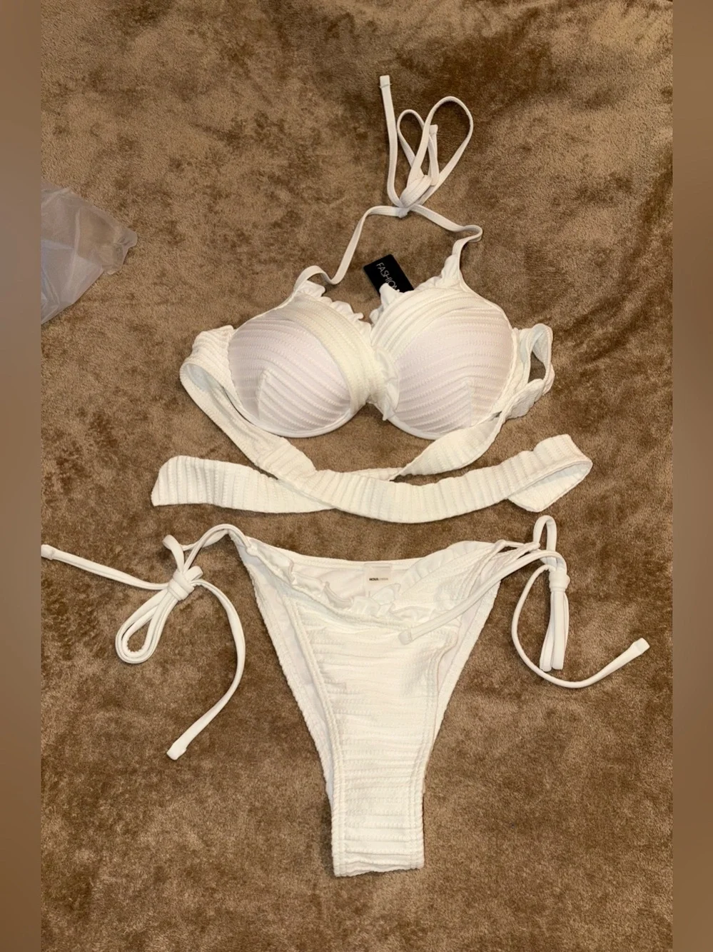 NWT White Ribbed Tie-Side Underwire Bikini Set